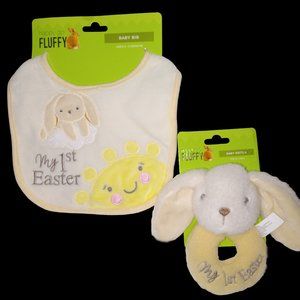 Happy Go Fluffy Baby’s My 1st Easter Bunny Bib & Rattle -  New!